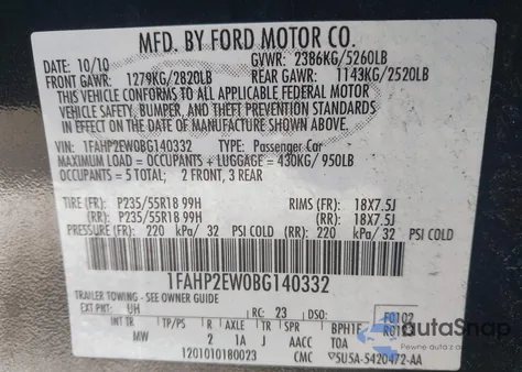 2011 Ford Taurus Sel z USA, uszkodzony, nr VIN 1FAHP2EW0BG140332